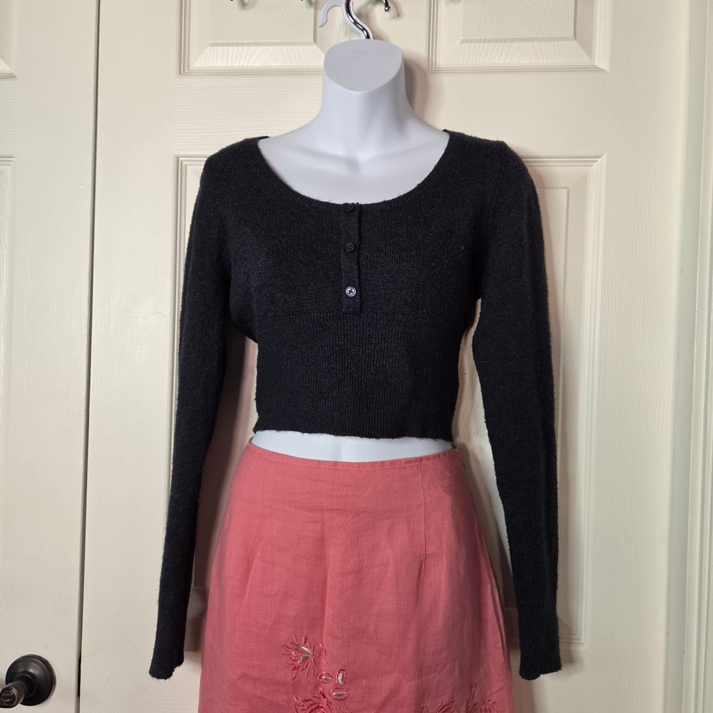 Kendall Kyle Cropped Long Sleeve Top Blue Ribbed Y2K Preppy Henley Medium